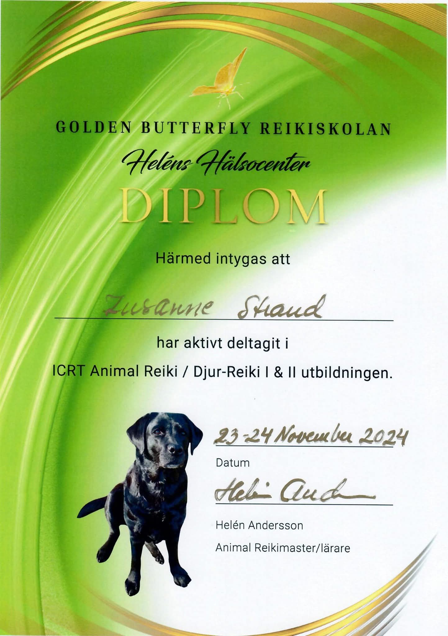 Diplom: ICRT Animal Reiki / Djur-Reiki I & II, Zusanne Strand, 23–24 november 2024